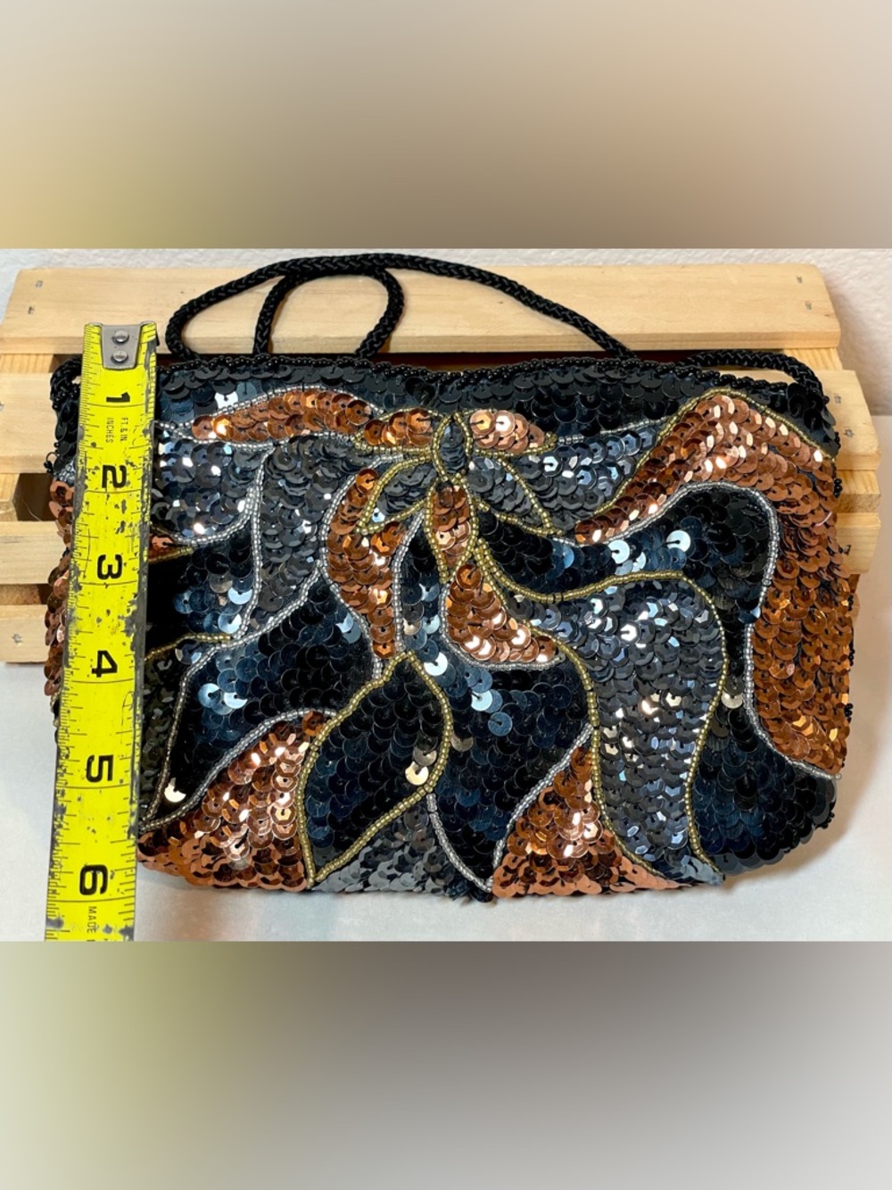 Black Silver Copper Sequin Evening Clutch Handbag | 19” Strap | Like New - Picture 13 of 13